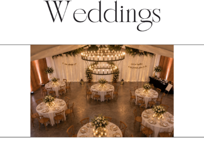 Split Oak Ranch weddings graphic showing an elegant barn reception with round tables