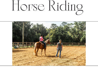 Split Oak Ranch horse riding graphic showing a person leading a horse in a sand arena